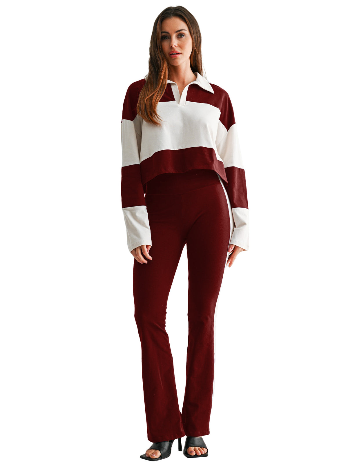 Color Block Polo Top and Flare Pants Set