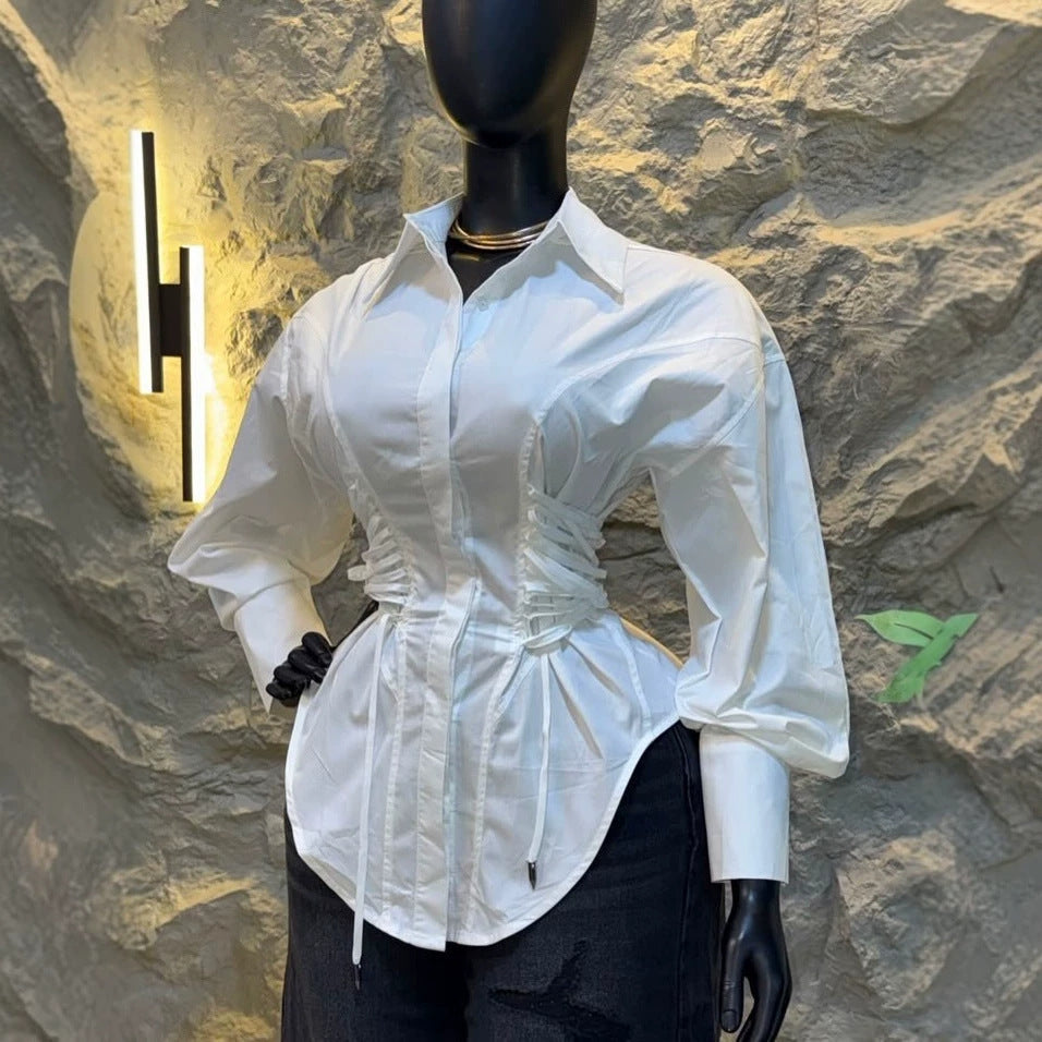 Belted Asymmetric Long Sleeve Blouse