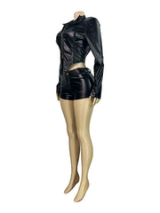 Faux Leather Biker Jacket and Shorts Set