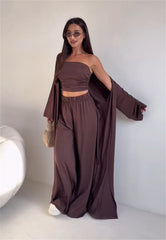 Strapless Top Cardigan and Wide Leg Pants Set