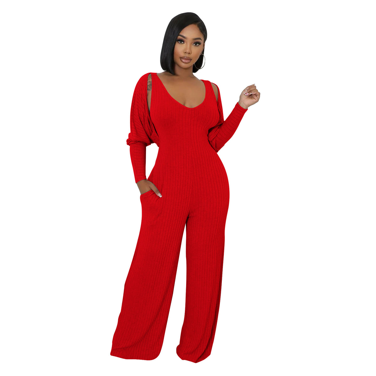 Women's Ribbed Cape Vest Jumpsuit Set