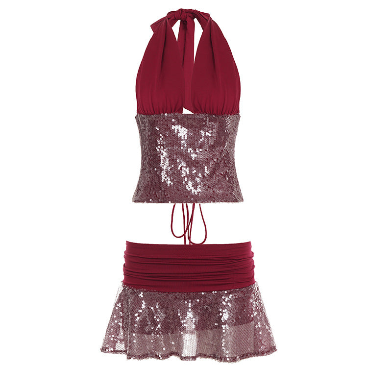 Sequin Halter Top and Mini Skirt Set