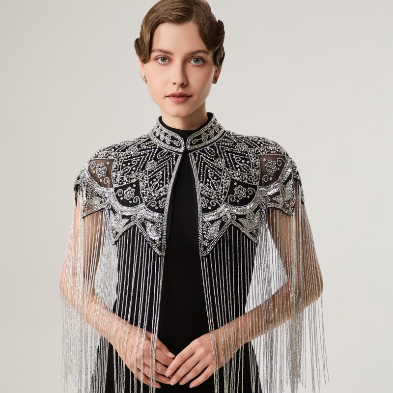 Hand Beaded Sequin Fringe Evening Cape-boutique