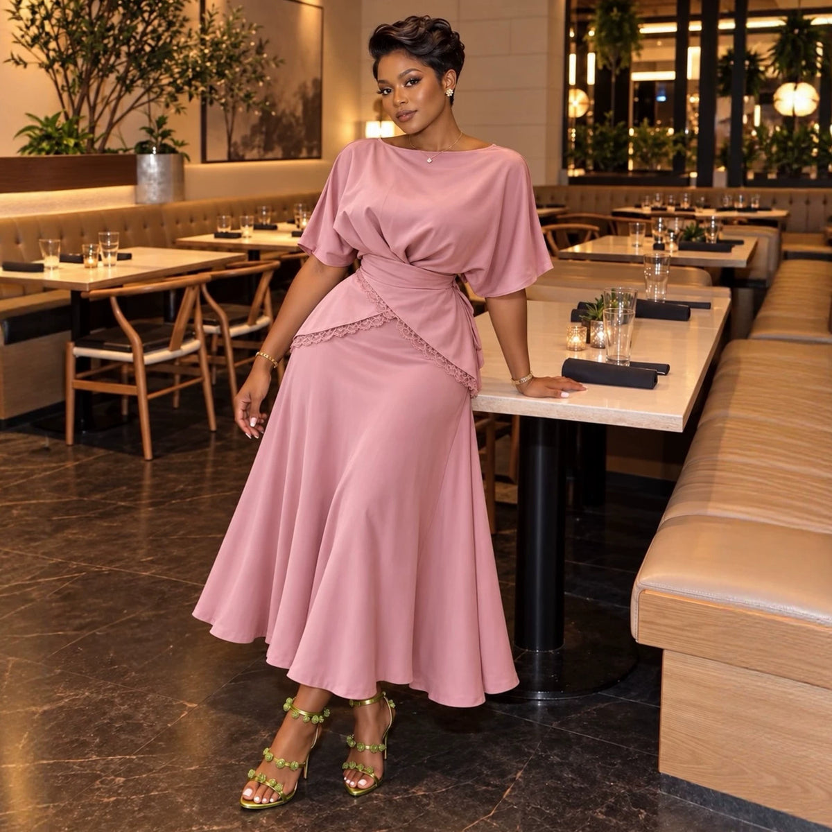 Lace Trim Blouse and Skirt Set