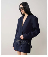 Belted Lapel Long Sleeve Blazer-boutique