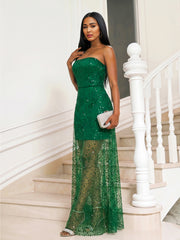 Green Sequin Mesh Strapless Dress-boutique