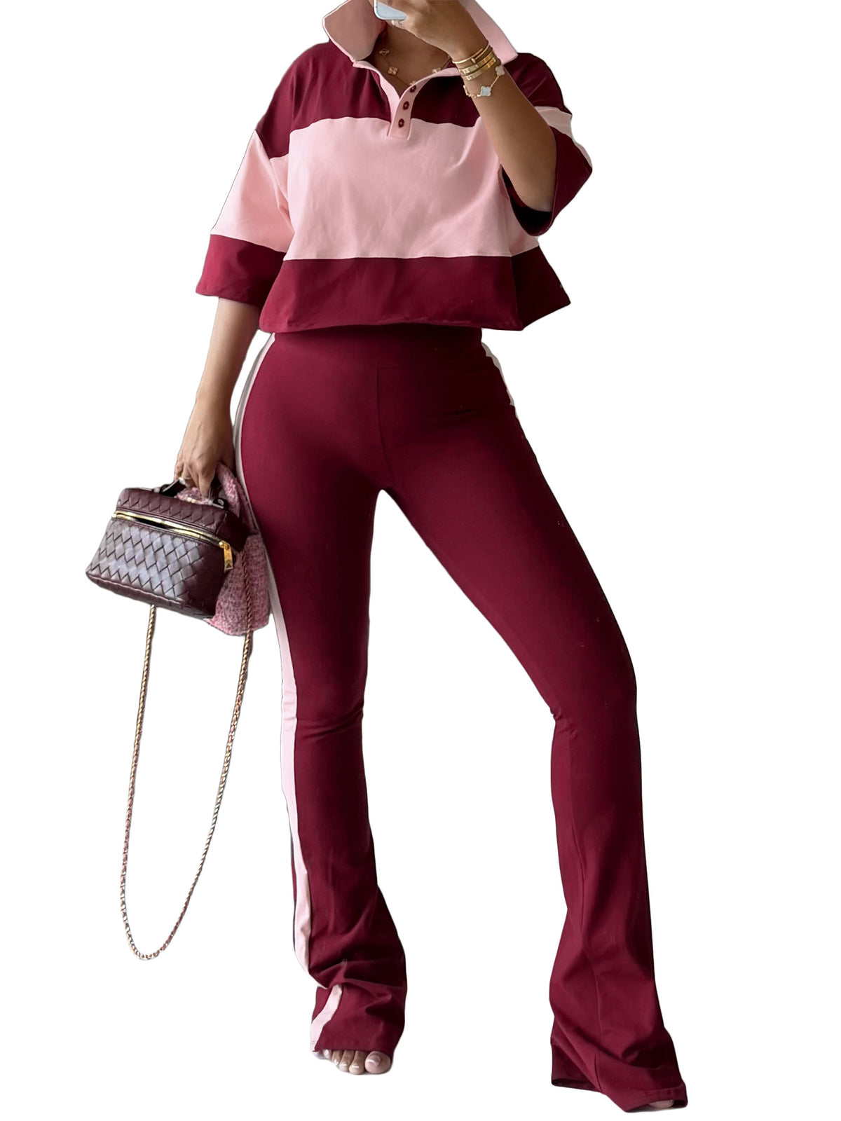 Striped Polo Top and Flare Pants Set