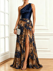 One Shoulder Floral Slit Maxi Dress