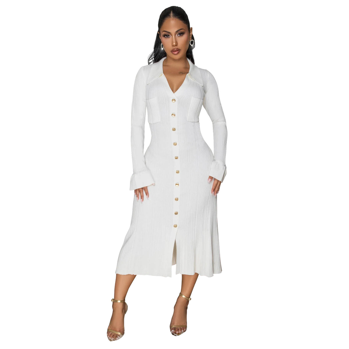 Women's V-Neck Button Front Maxi Dress