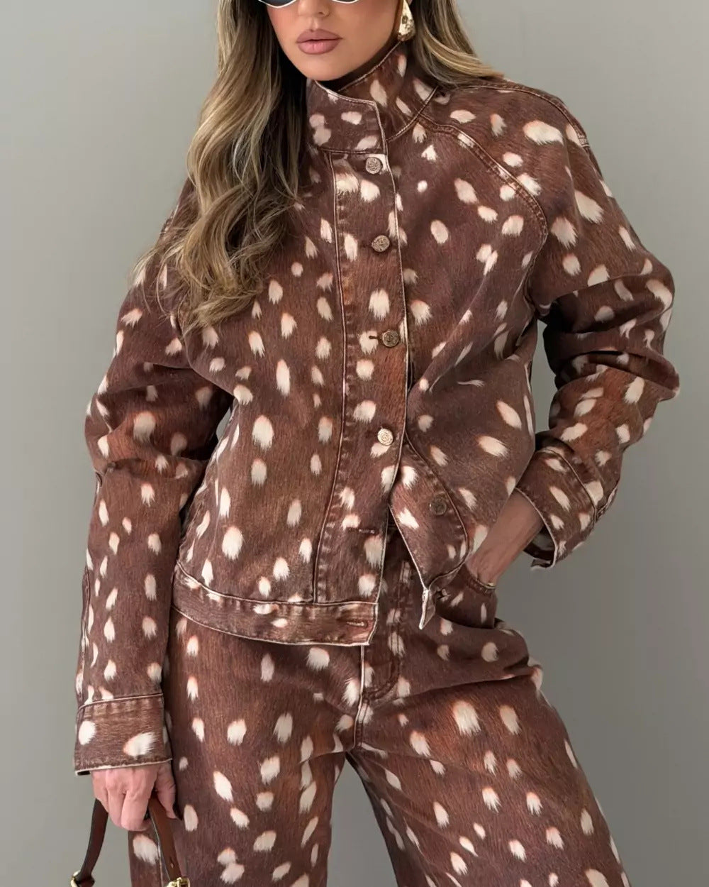 Deer Print Washed Denim Jacket