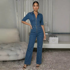Women's Sleeveless Zip Front Denim Jumpsuit