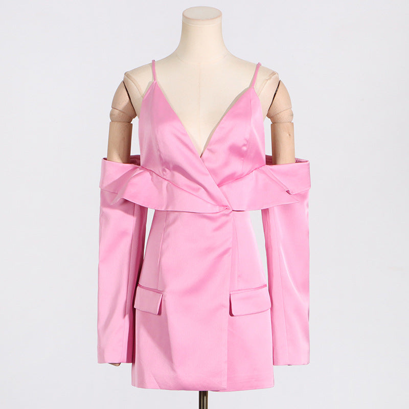 Deep V Slip Dress and Cropped Blazer Set-boutique