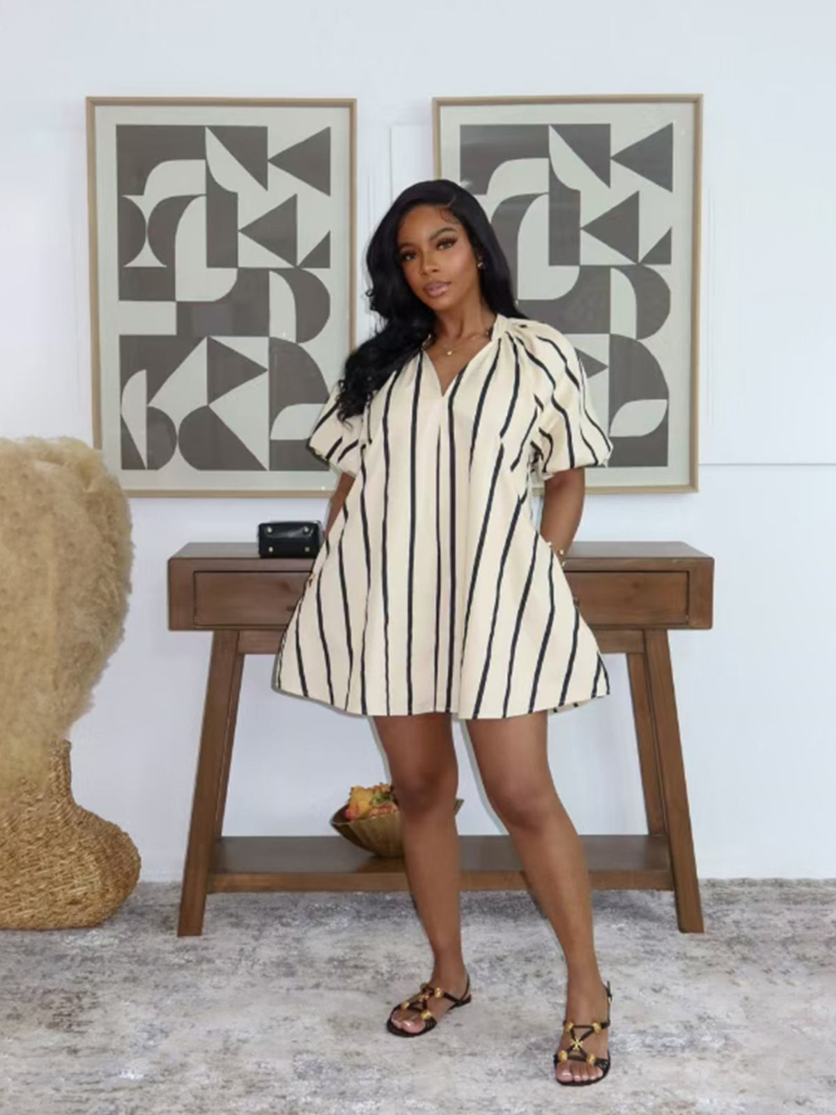 V Neck Puff Sleeve Striped Mini Dress