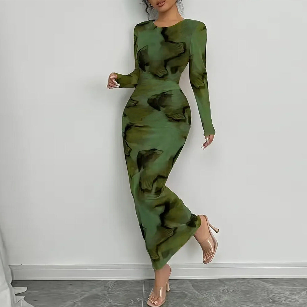 Women's Green Printed Stretch Midi Dress