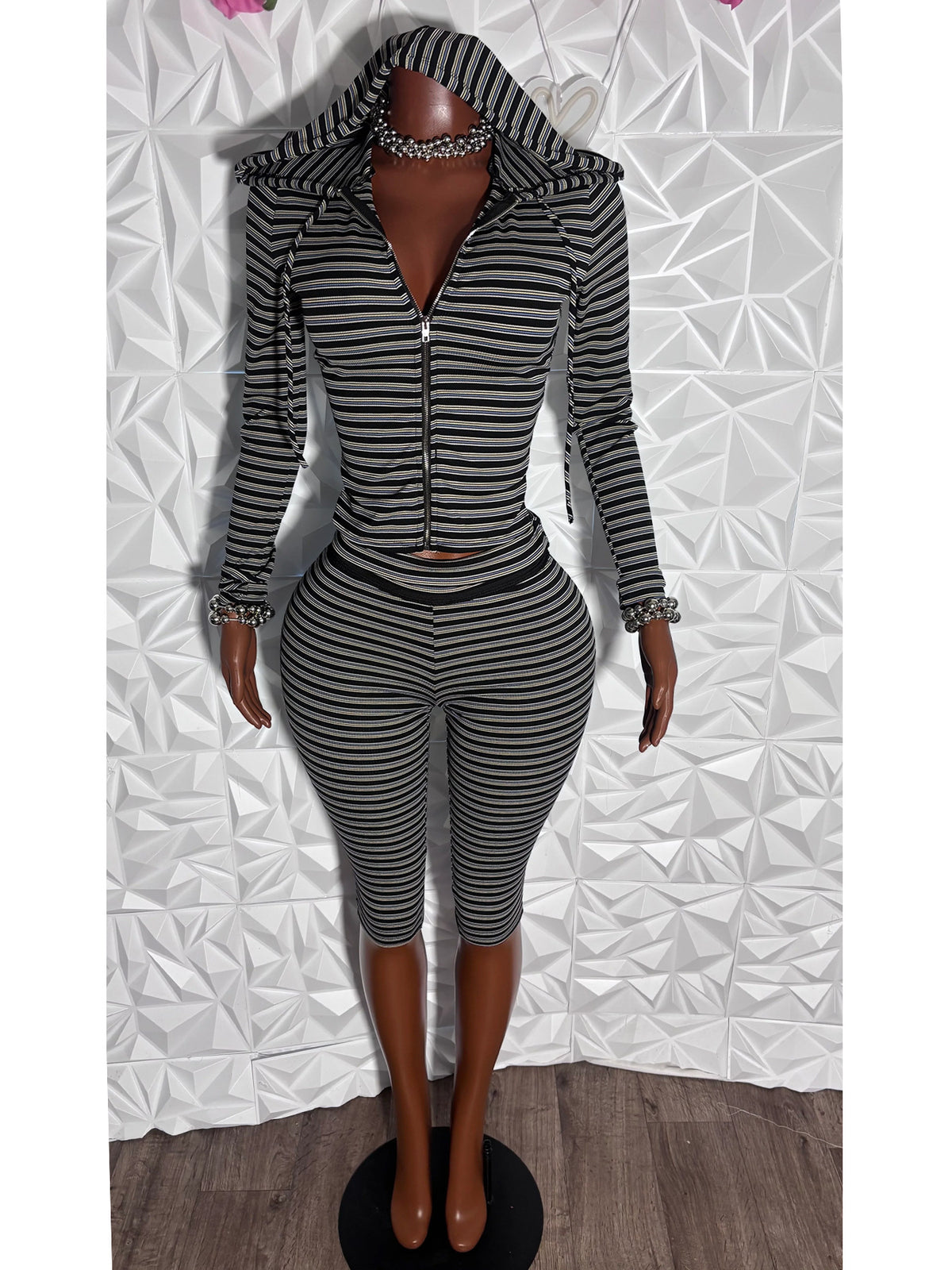 Striped Zip Hoodie and Capri Pants Set