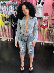 Floral Embroidered Denim Jacket and Shorts Set