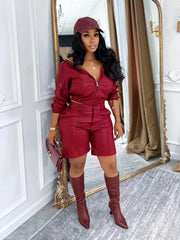 Hooded Faux Leather Top and Shorts Set