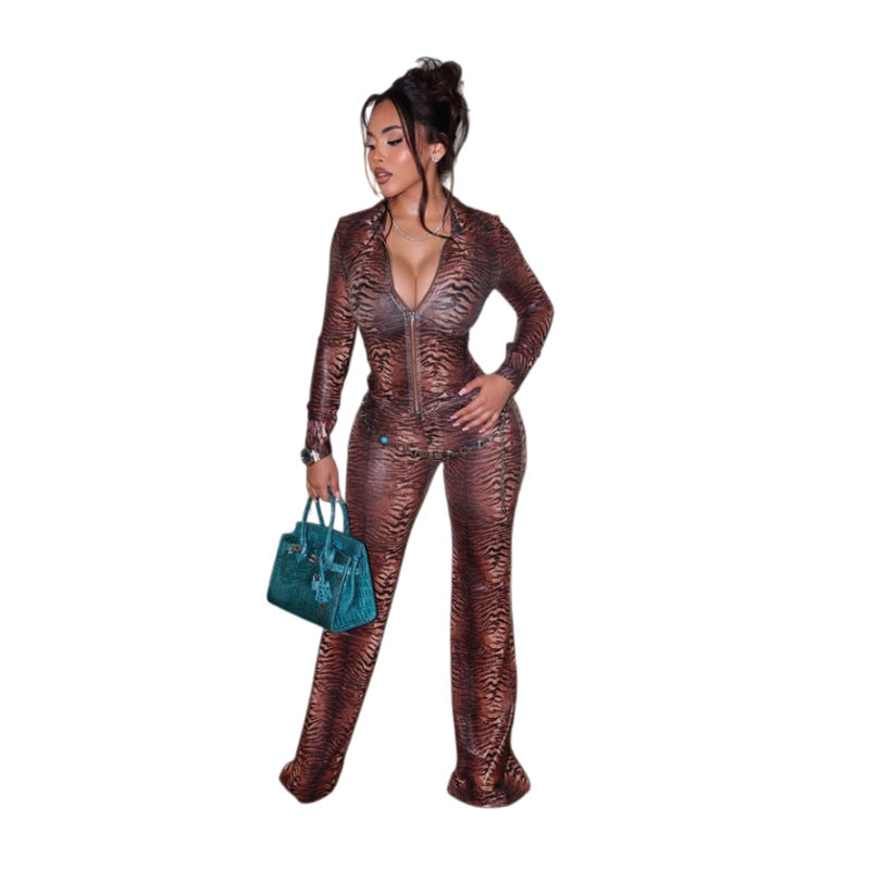 Animal Print Mesh Zip Top and Flared Pants Set