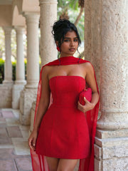 Rhinestone Strapless Lace Up Dress with Shawl