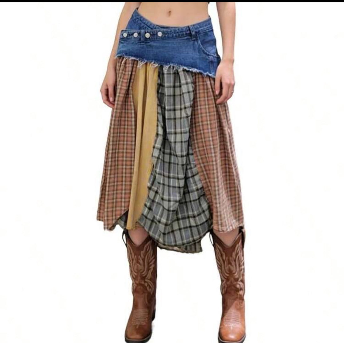 Plaid Panel Denim Midi Skirt