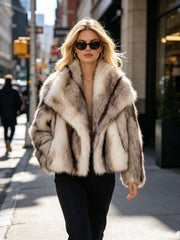 Wide Collar Striped Faux Fur Jacket