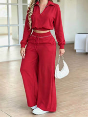 Stand Collar Top and Straight Leg Pants Set