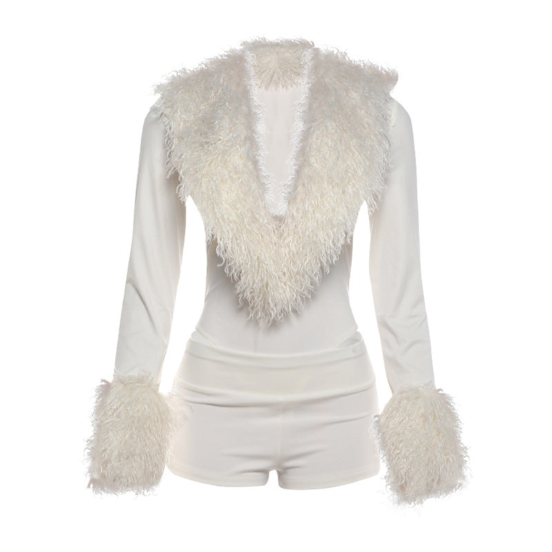 Faux Fur V Neck Bodysuit and Shorts Set