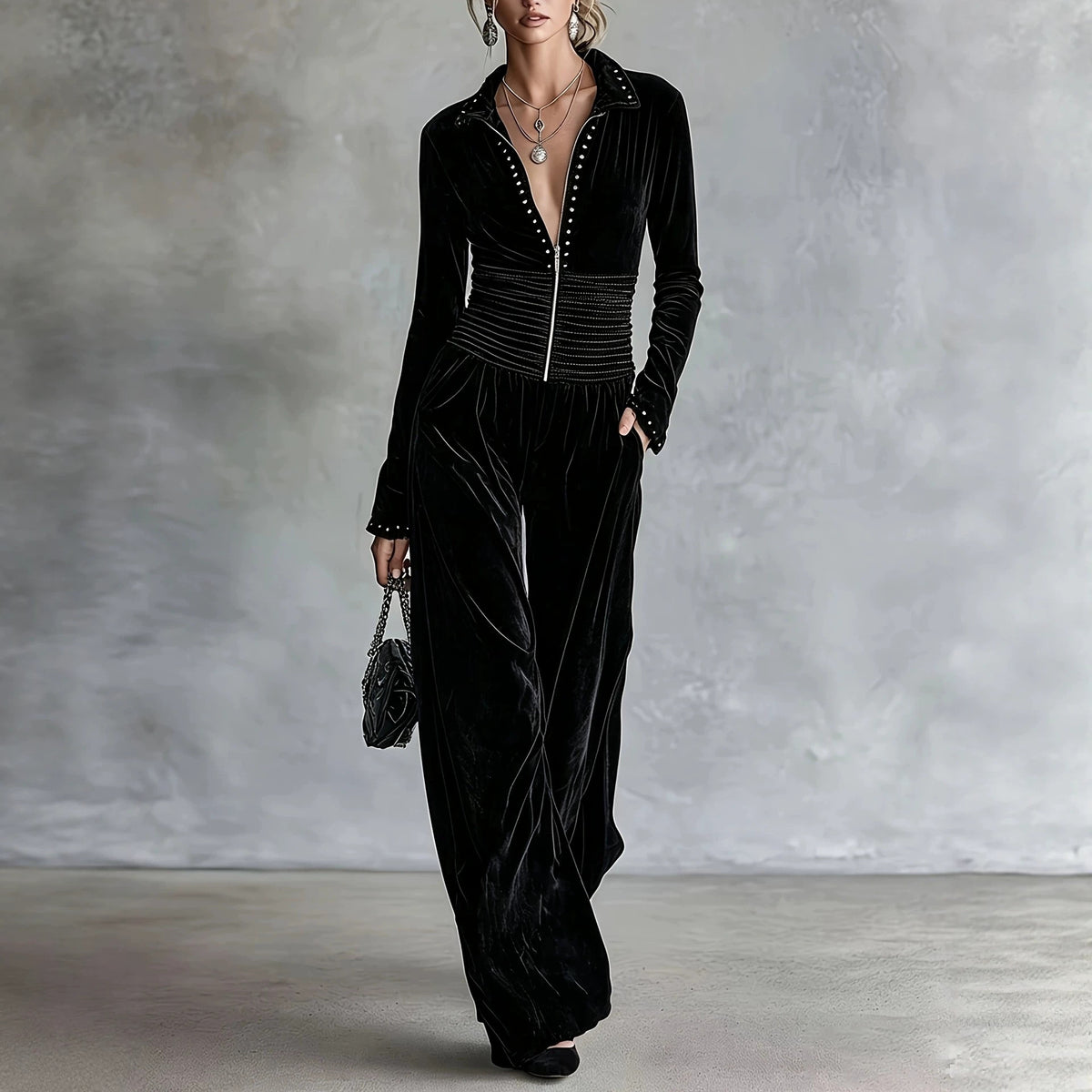Stud Trim Zip Front Wide Leg Jumpsuit
