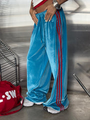 Velvet Side Stripe Drawstring Wide Leg Pants