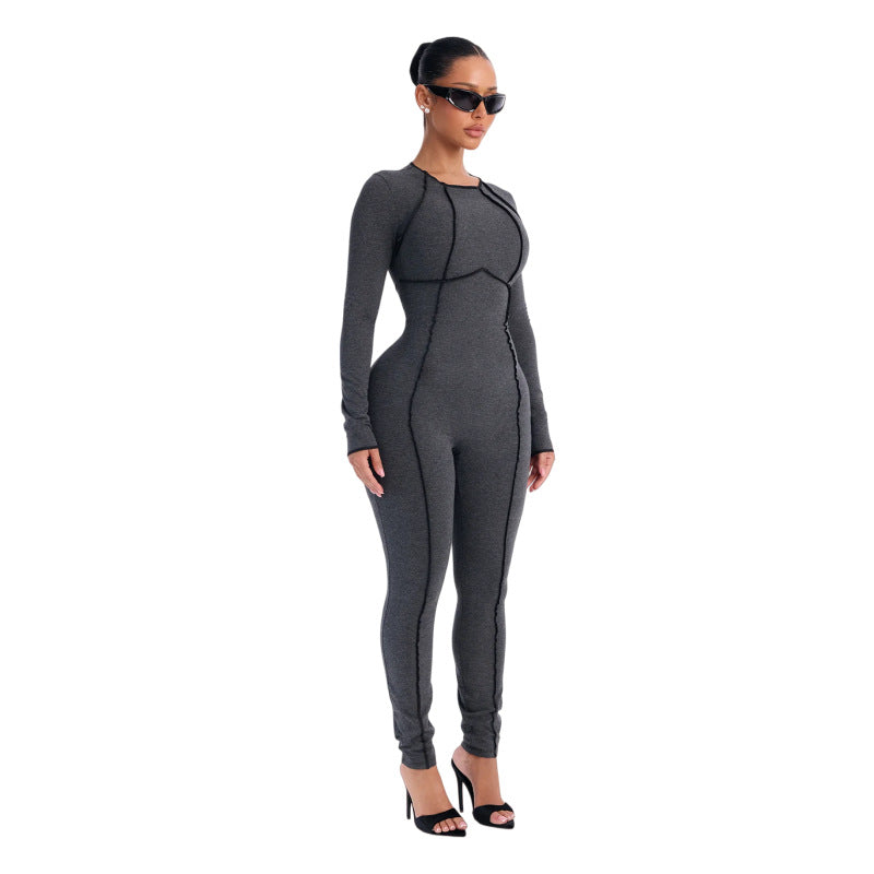 Contrast Seam Long Sleeve Fitted Jumpsuit