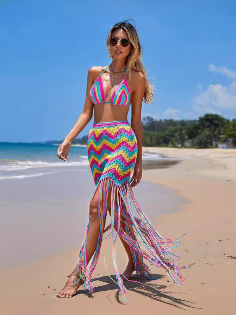 Sexy Knit Wavy Grain Beach Smock Skirt Set