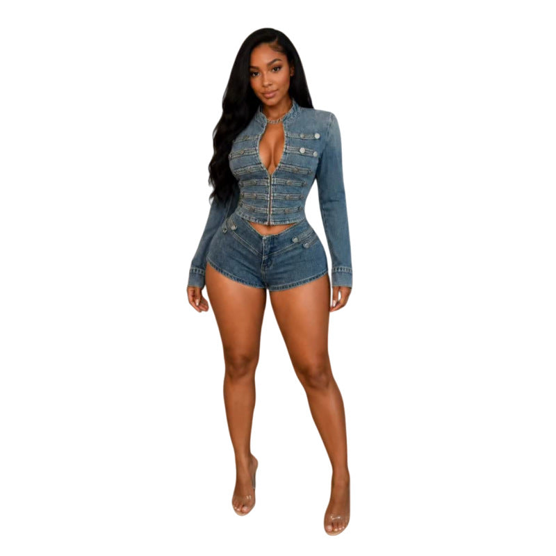 Button Detail Denim Crop Jacket and Shorts Set