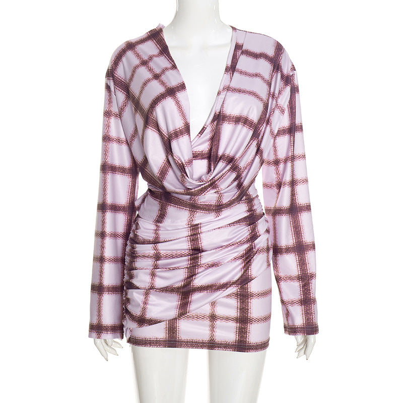Plaid Cowl Neck Shirt Mini Dress