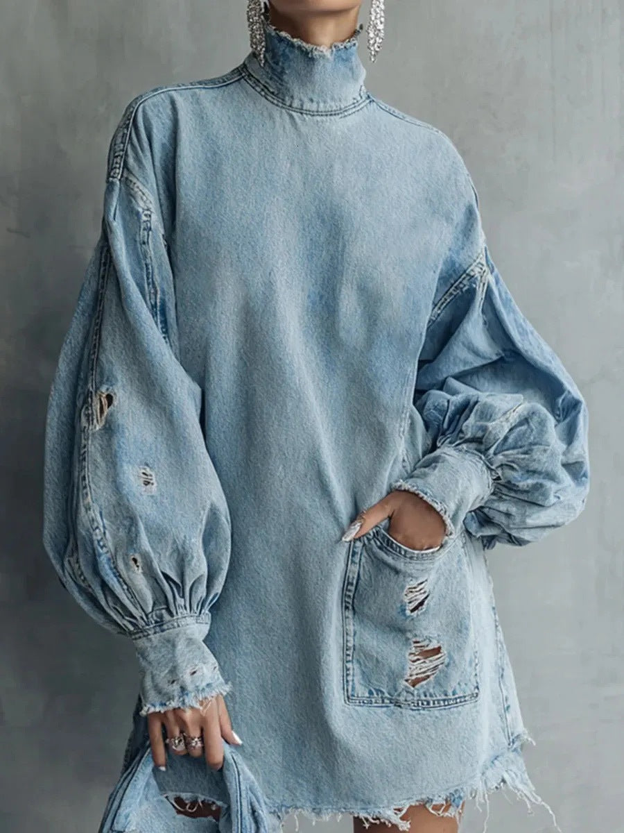 Distressed Long Sleeve Denim Mini Dress