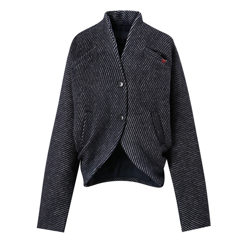 Striped Stand Collar Wool Jacket-boutique