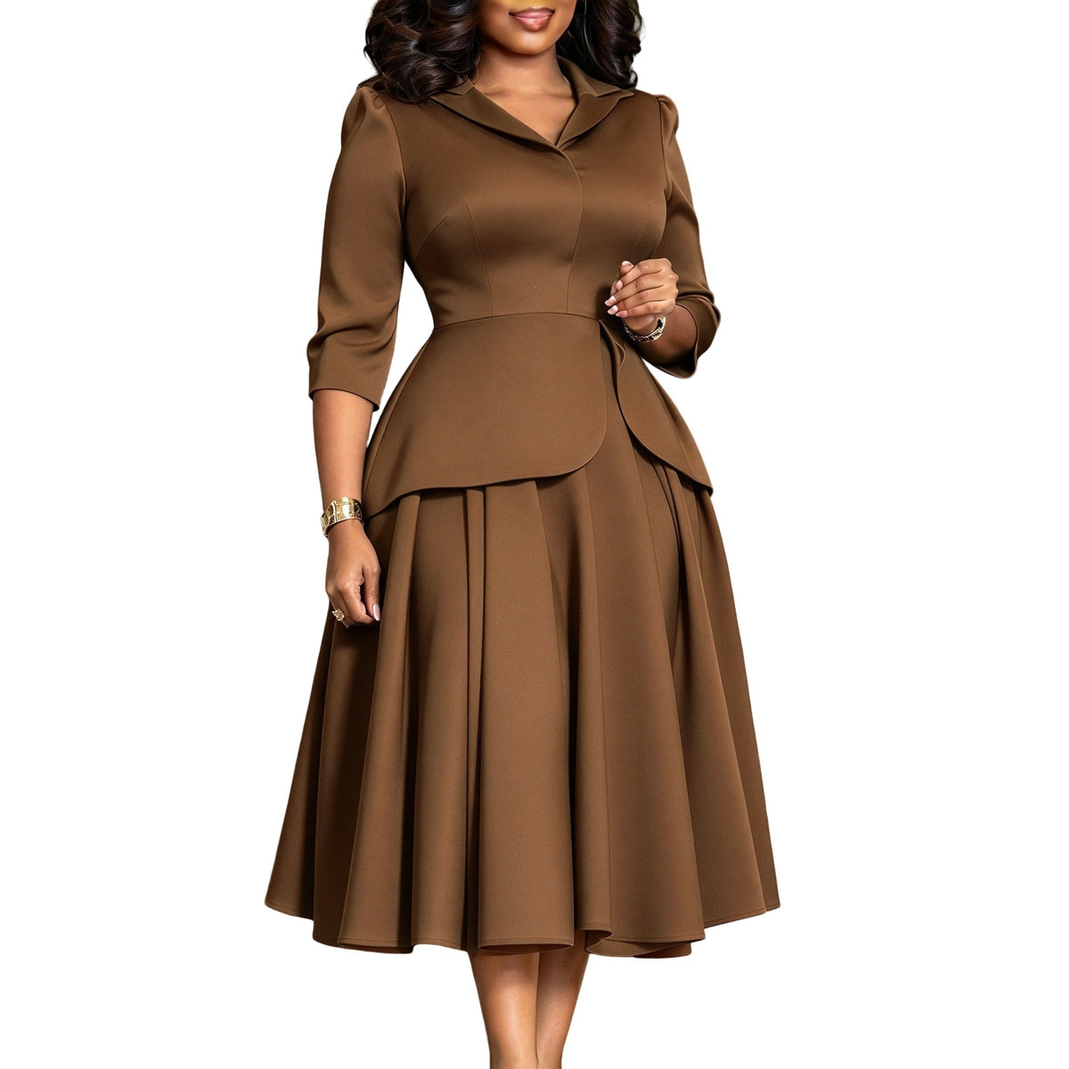 Layered Look Peplum Pleated Midi Dress