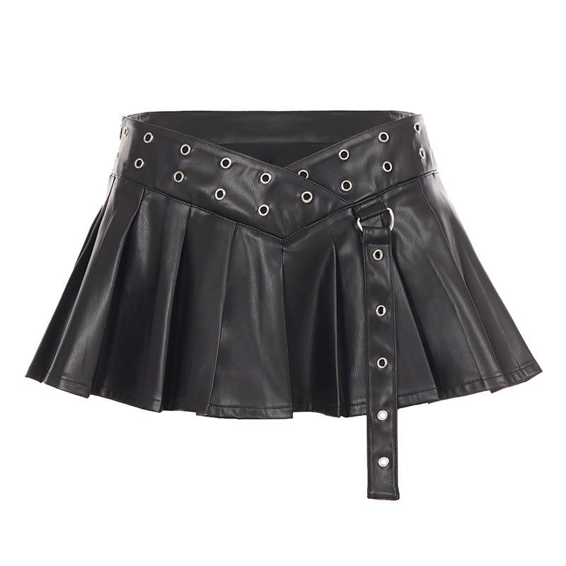 Eyelet V Waist Leather Look Pleated Mini Skirt