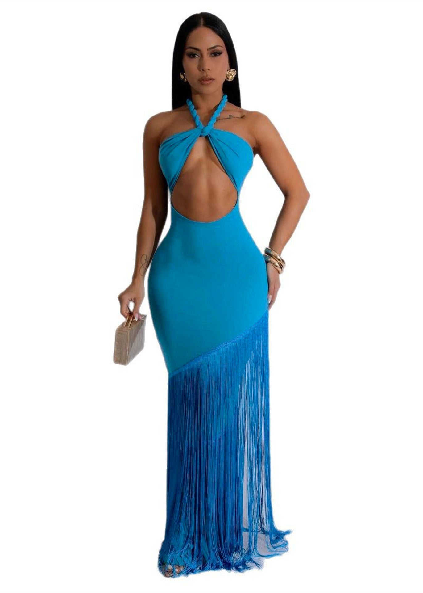 Sexy Fringe Halter Backless Lace-Up Maxi Dress