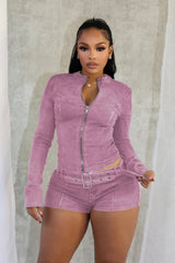 Zip Denim Jacket and Belted Shorts Set