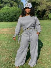 Tie Sleeve Crew Neck Top and Pants Set