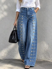 Metal Button High Waist Wide Leg Jeans