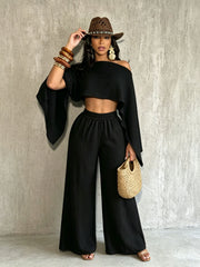 One Shoulder Cropped Top and Pocket Pants Set