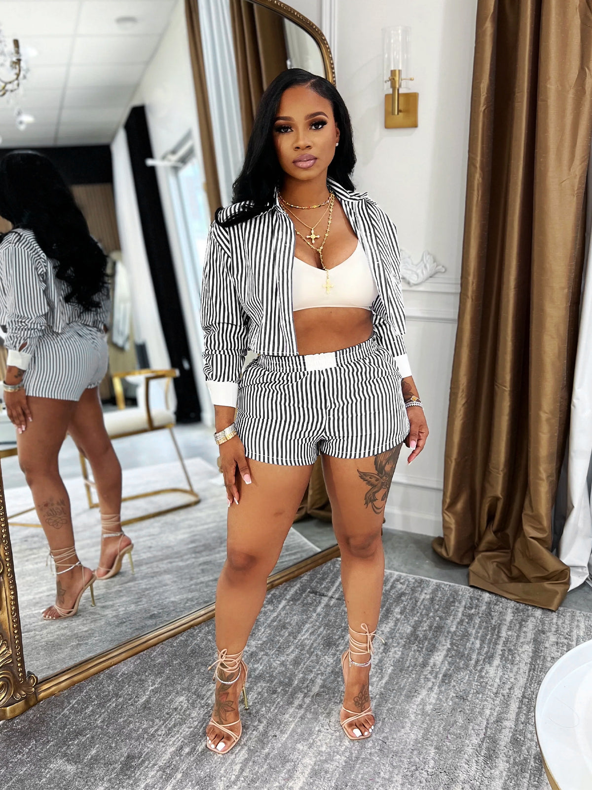 Striped Shirt and Shorts Two Piece Set