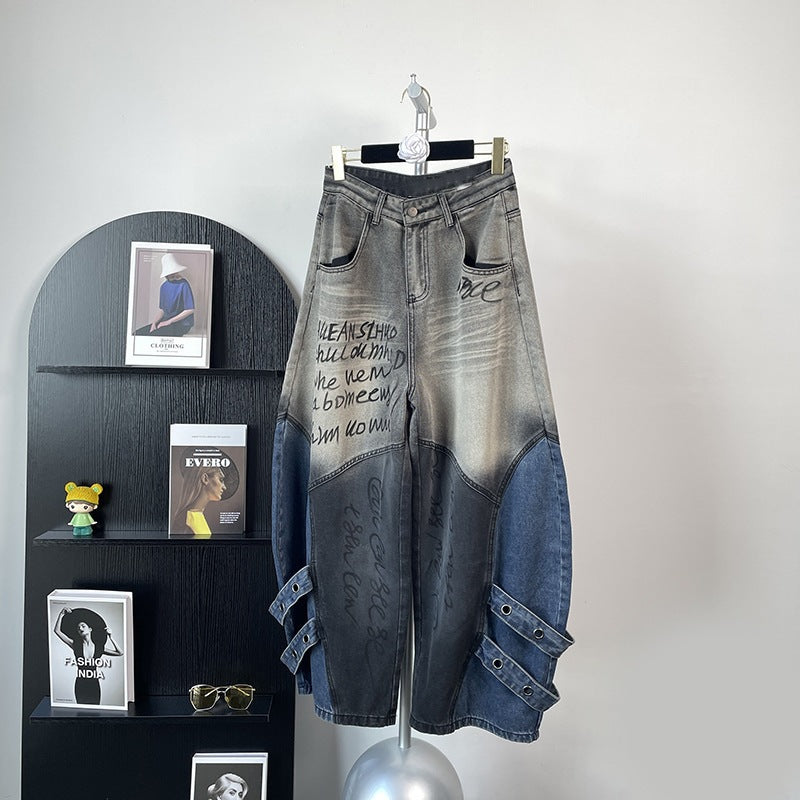 Graffiti Panel Grommet Strap Barrel Jeans-boutique