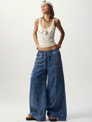 Drawstring Wide Leg Jeans with Button Trim