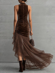 Velvet High Neck Asymmetric Tulle Hem Dress