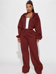 Puff Sleeve Crop Hoodie and Wide Leg Pants Set