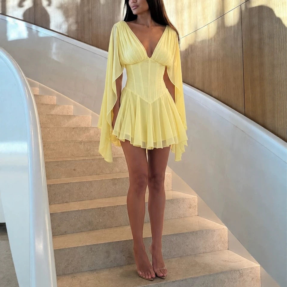 V Neck Corset Waist Cape Sleeve Mini Dress