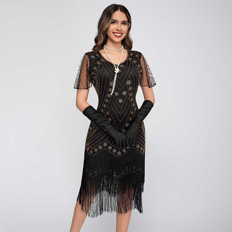1920s Sequin Fringe Short Sleeve Flapper Dress