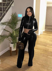 Snake Texture Zip Crop Top and Flared Pants Set